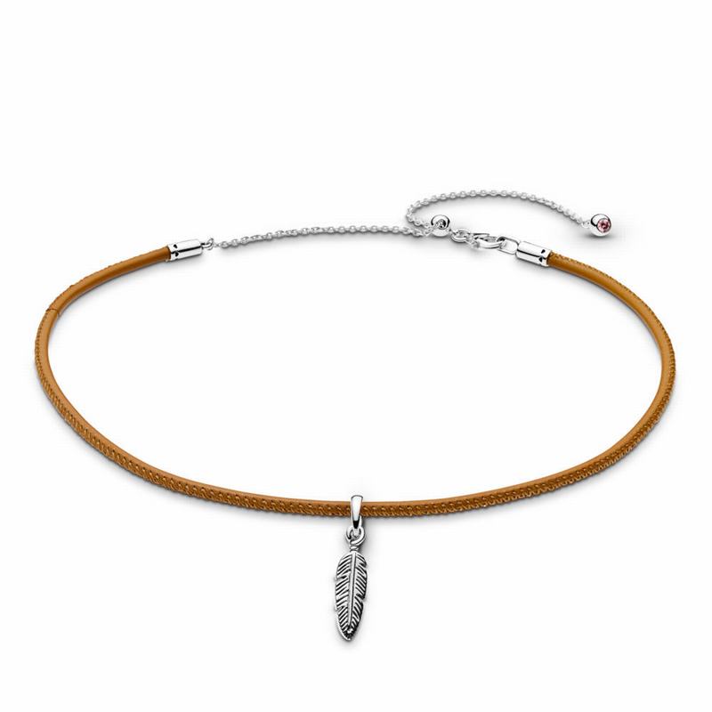 Pandora Australia Golden Tan Leather Choker & Feather - Sterling Silver | XNDPHA137